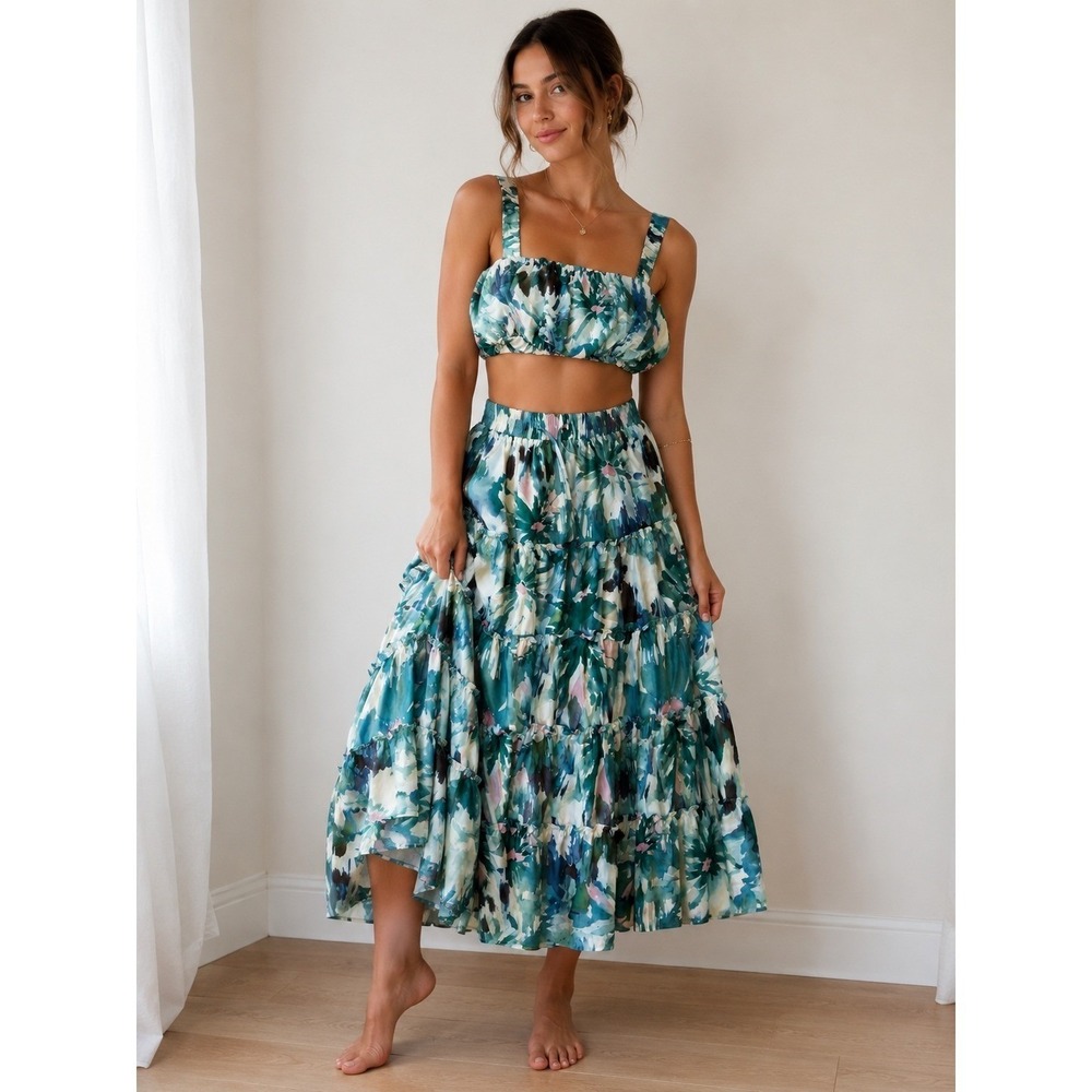 Sunday Up Teal Floral Tiered Maxi Skirt and Crop Top 2 Piece Set Womens Large